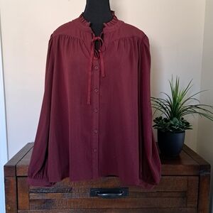 DKNY Women's Lurex Blouse Burgandy Long Sleeve Ruffle Top  NWOT